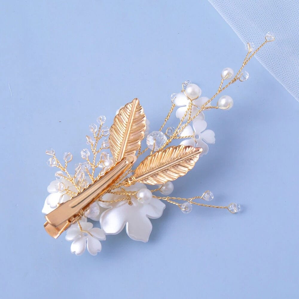 White Pearl Flower 2 PC Hairclip Set, Wedding Floral Hairclips, Bridal or Prom White Flower Hairpiece - KaleaBoutique.com