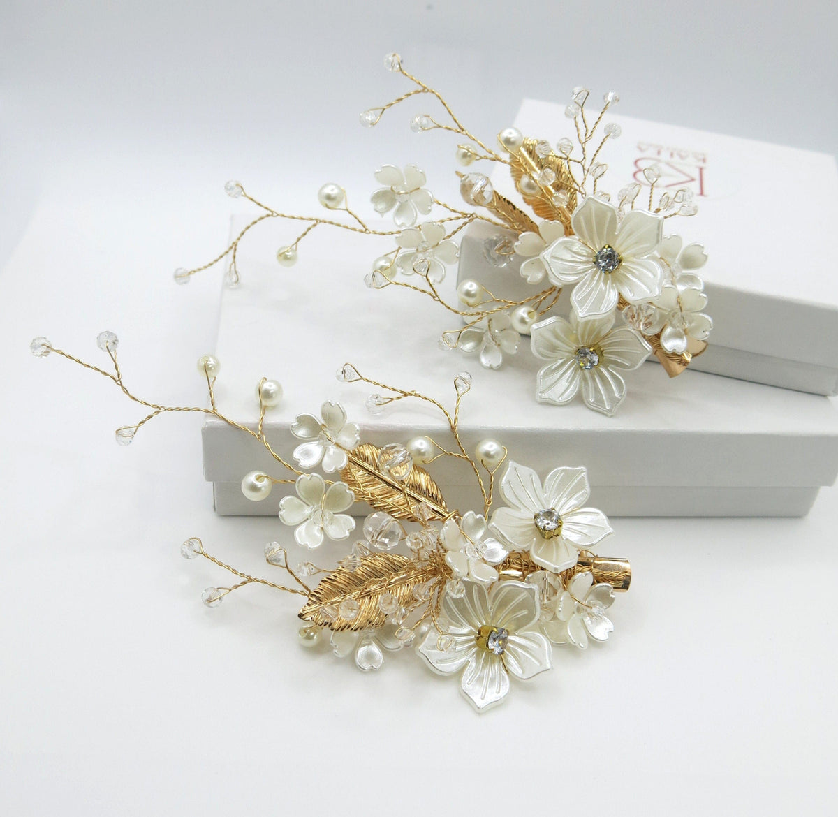 White Pearl Flower 2 PC Hairclip Set, Wedding Floral Hairclips, Bridal or Prom White Flower Hairpiece - KaleaBoutique.com