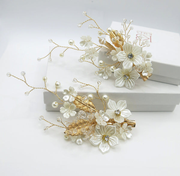 White Pearl Flower 2 PC Hairclip Set, Wedding Floral Hairclips, Bridal or Prom White Flower Hairpiece - KaleaBoutique.com
