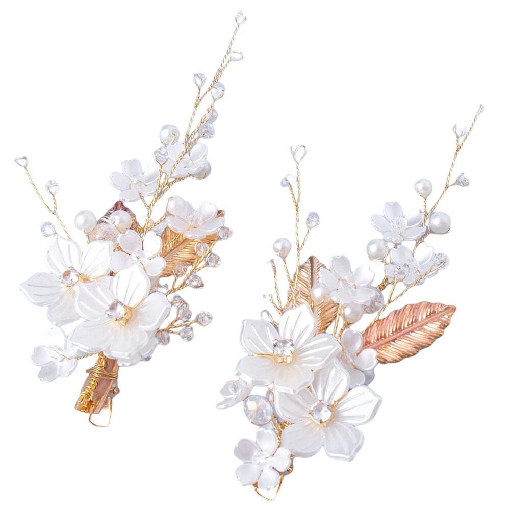 White Pearl Flower 2 PC Hairclip Set, Wedding Floral Hairclips, Bridal or Prom White Flower Hairpiece - KaleaBoutique.com