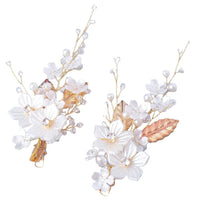 White Pearl Flower 2 PC Hairclip Set, Wedding Floral Hairclips, Bridal or Prom White Flower Hairpiece - KaleaBoutique.com