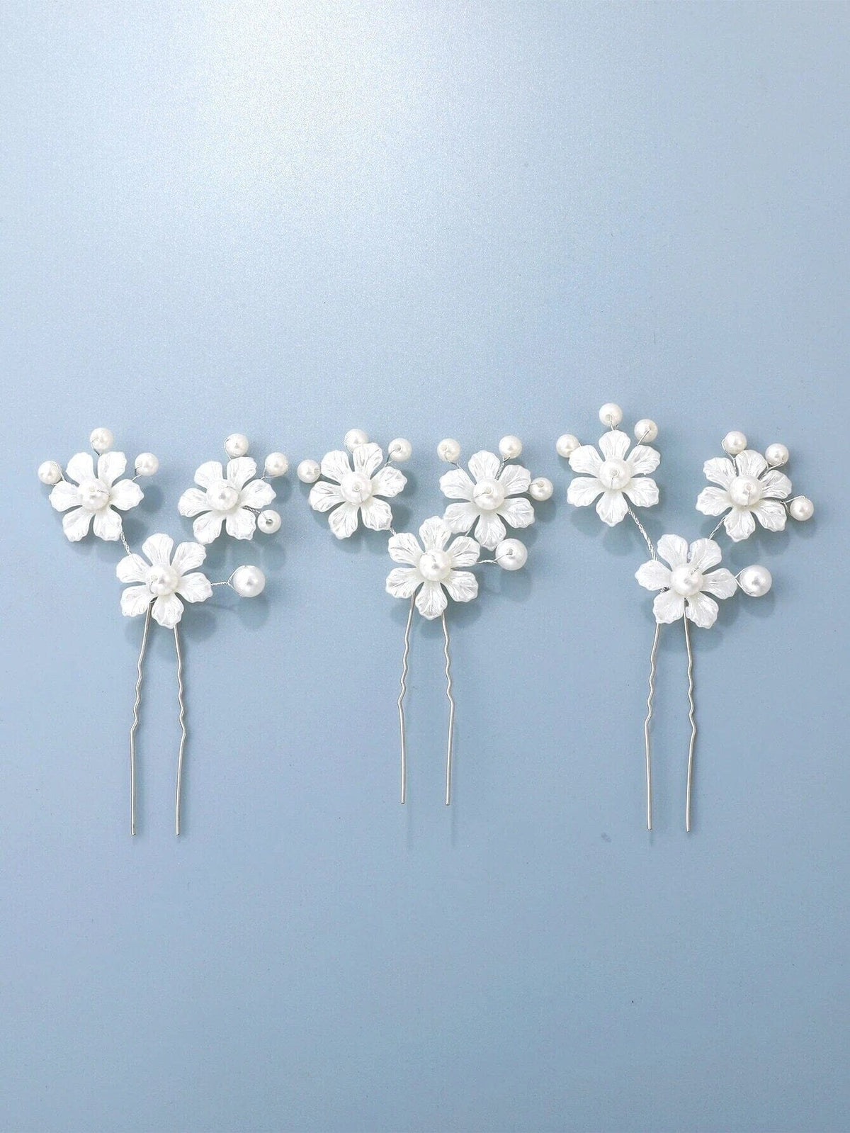 White Pearl Flower 3 PC Hairpin Set for Bride, Wedding Prom Wire Floral Hair Pins, Bridesmaid White Hairpins - KaleaBoutique.com