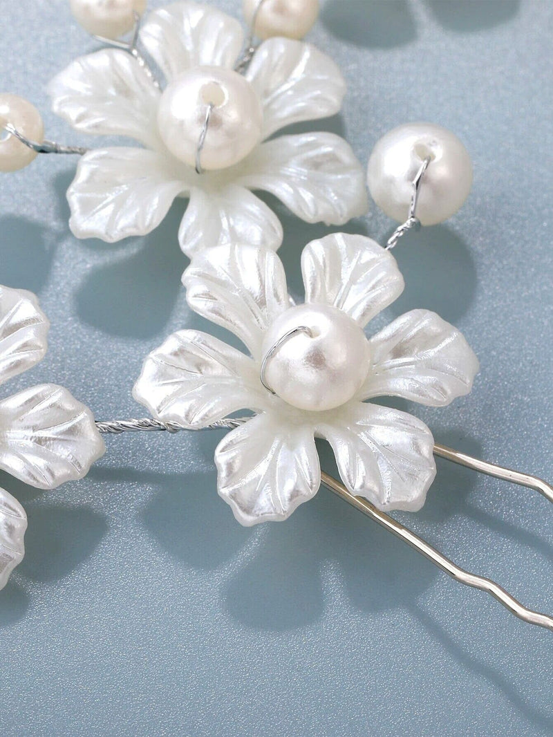 White Pearl Flower 3 PC Hairpin Set for Bride, Wedding Prom Wire Floral Hair Pins, Bridesmaid White Hairpins - KaleaBoutique.com