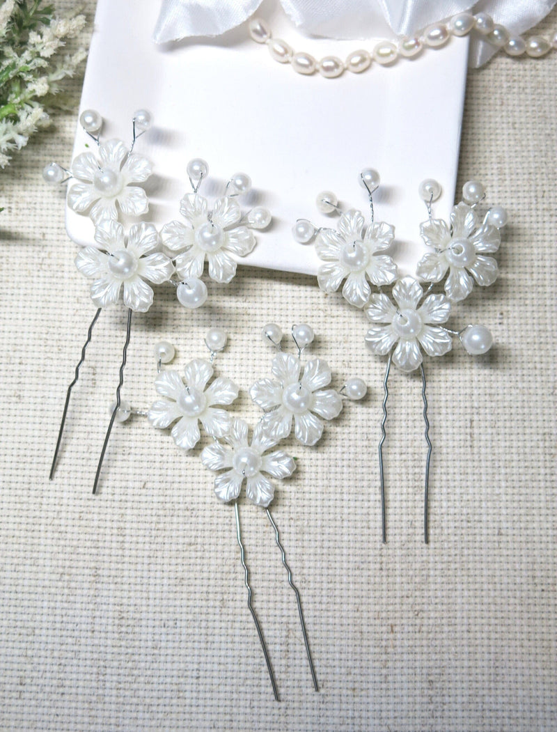 White Pearl Flower 3 PC Hairpin Set for Bride, Wedding Party Silver Wire Floral Hair Pins, Bridesmaid Pearl Flower White Hairpiece Hairpin - KaleaBoutique.com
