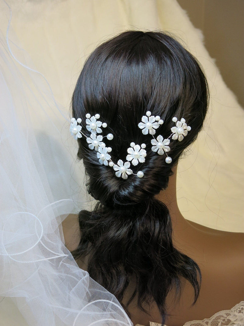 White Pearl Flower 3 PC Hairpin Set for Bride, Wedding Prom Wire Floral Hair Pins, Bridesmaid White Hairpins - KaleaBoutique.com