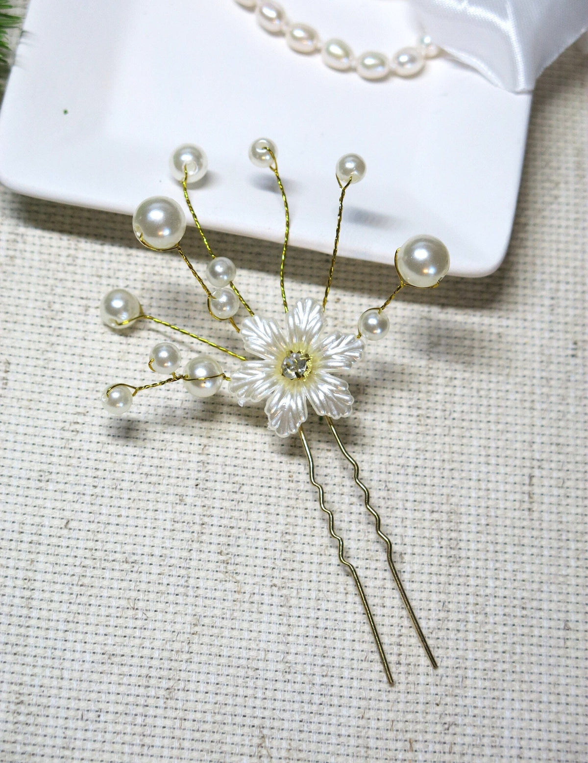 Off White Pearl Flower 2 PC Hairpin Set, Soft Wire Floral Wedding Hair Pins, Bridal Flower Hairpiece - KaleaBoutique.com