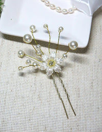 Off White Pearl Flower 2 PC Hairpin Set, Soft Wire Floral Wedding Hair Pins, Bridal Flower Hairpiece - KaleaBoutique.com