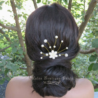 Off White Pearl Flower 2 PC Hairpin Set, Soft Wire Floral Wedding Hair Pins, Bridal Flower Hairpiece - KaleaBoutique.com