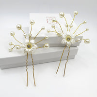 Off White Pearl Flower 2 PC Hairpin Set, Soft Wire Floral Wedding Hair Pins, Bridal Flower Hairpiece - KaleaBoutique.com