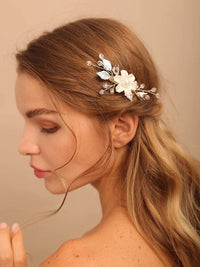 White Pearl Flower Gold Hairclip, Bridal Floral Bead Hair Clip, Wedding Floral Alligator Headpiece - KaleaBoutique.com