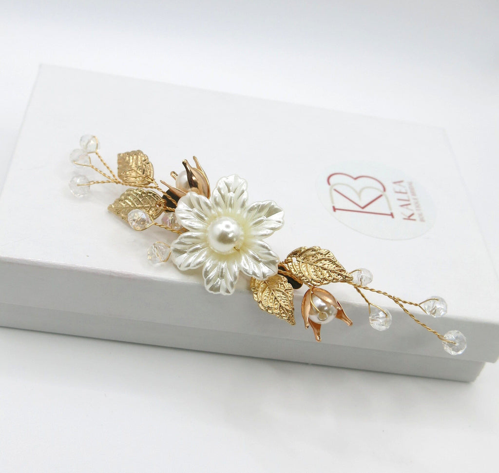 White Pearl Flower Gold Hairclip, Bridal Floral Bead Hair Clip, Wedding Floral Alligator Headpiece - KaleaBoutique.com