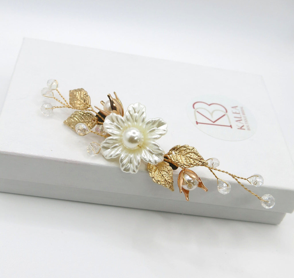White Pearl Flower Gold Leaf Hairclip, Bridal Floral Crystal Bead Hairpiece, Wedding Floral Alligator Hair Clip, Bridesmaid Pearl Headpiece - KaleaBoutique.com