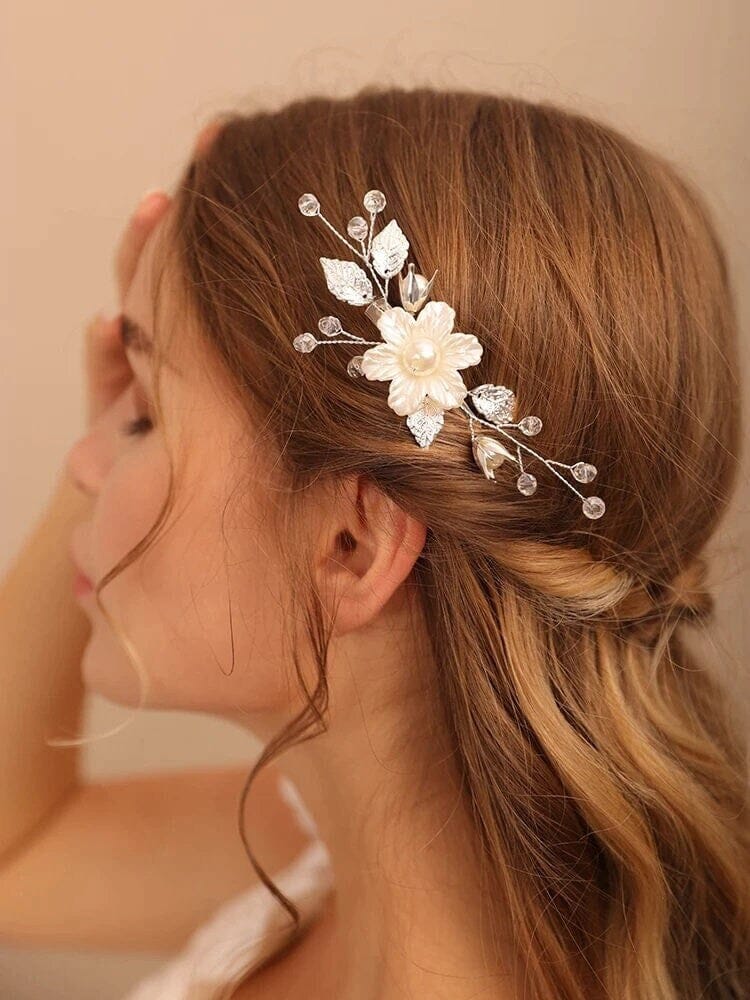 White Pearl Flower Gold Hairclip, Bridal Floral Bead Hair Clip, Wedding Floral Alligator Headpiece - KaleaBoutique.com