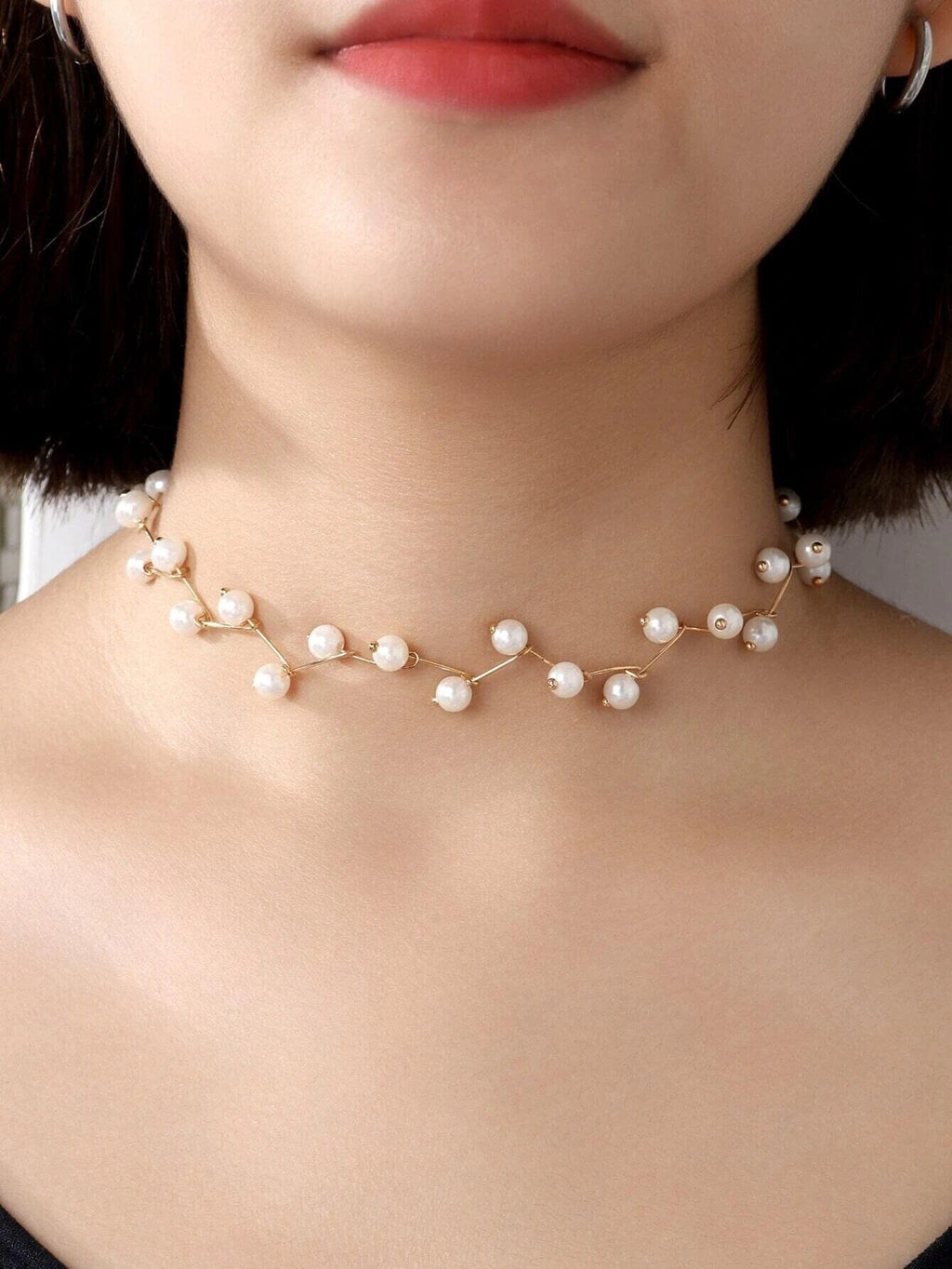 White Pearl Zigzag Choker Necklace, Gold or Silver Minimalist White Pearl Necklace, Bridal Pearl Fashion Necklace - KaleaBoutique.com