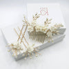 White Porcelain Flower 3 PC Hairpiece Set, Wedding Floral Bridesmaid Hairpins, Bridal Pearl Hair Comb and Hairpins Set - KaleaBoutique.com