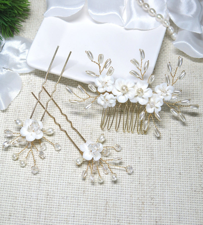 White Porcelain Flower 3 PC Hairpiece Set, Wedding Floral Bridesmaid Hairpins, Bridal Pearl Hair Comb and Hairpins Set - KaleaBoutique.com