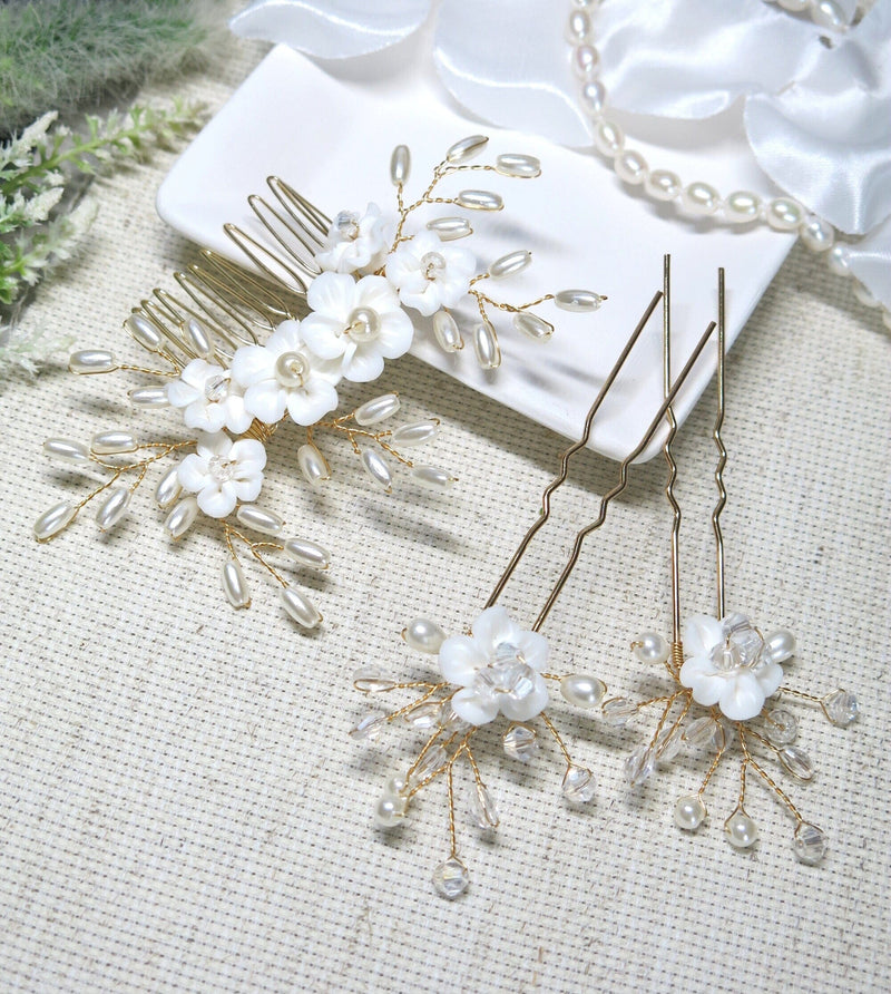 White Porcelain Flower 3 PC Hairpiece Set, Wedding Floral Bridesmaid Hairpins, Bridal Pearl Hair Comb and Hairpins Set - KaleaBoutique.com