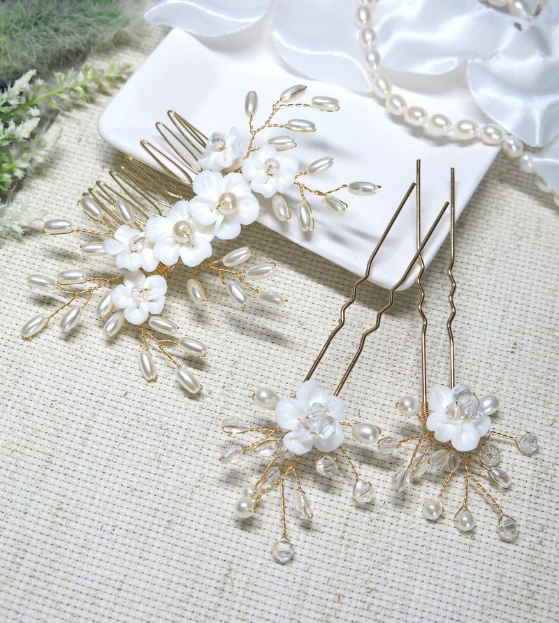 White Porcelain Flower Gold Wire 3 PC Hairpiece Set, Wedding Floral Bridesmaid Hairpins, Bridal Oval Pearl Crystal Hair Comb and Hairpins - KaleaBoutique.com