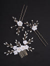 White Porcelain Flower 3 PC Hairpiece Set, Wedding Floral Bridesmaid Hairpins, Bridal Pearl Hair Comb and Hairpins Set - KaleaBoutique.com