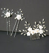 White Porcelain Flower 3 PC Hairpiece Set, Wedding Floral Bridesmaid Hairpins, Bridal Pearl Hair Comb and Hairpins Set - KaleaBoutique.com