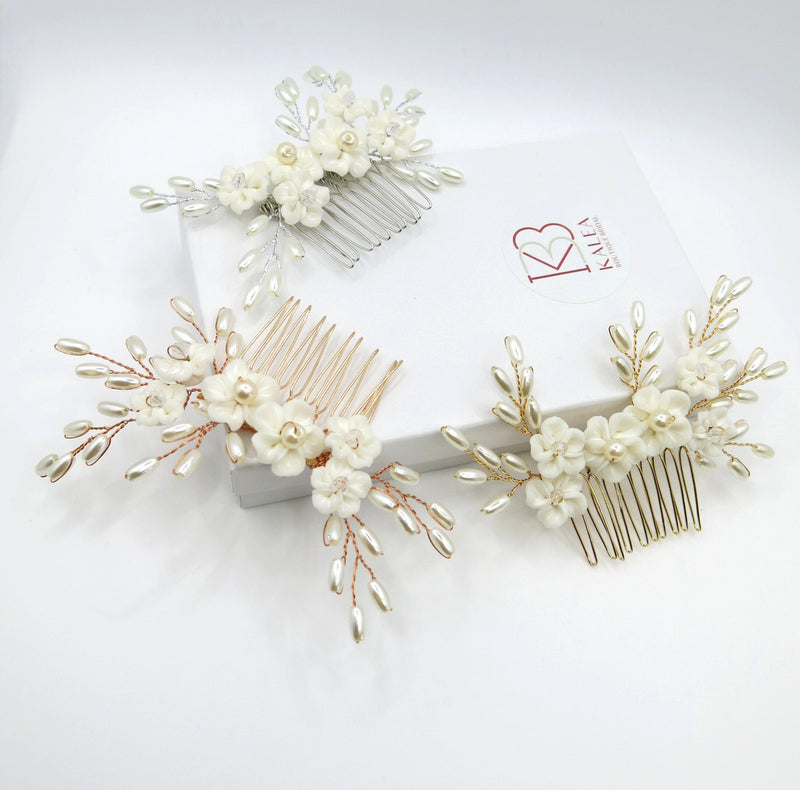 White Porcelain Flower Gold Wire 3 PC Hairpiece Set, Wedding Floral Bridesmaid Hairpins, Bridal Oval Pearl Crystal Hair Comb and Hairpins - KaleaBoutique.com