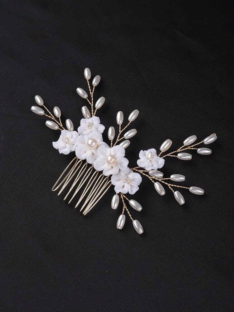 White Porcelain Flower 3 PC Hairpiece Set, Wedding Floral Bridesmaid Hairpins, Bridal Pearl Hair Comb and Hairpins Set - KaleaBoutique.com