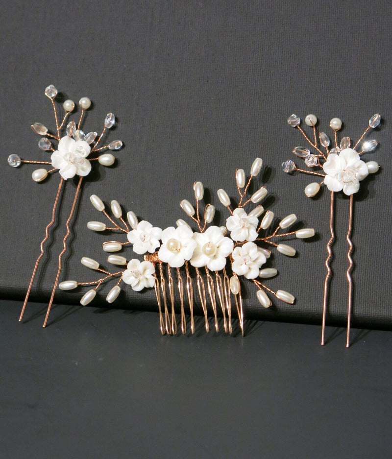 White Porcelain Flower 3 PC Hairpiece Set, Wedding Floral Bridesmaid Hairpins, Bridal Pearl Hair Comb and Hairpins Set - KaleaBoutique.com