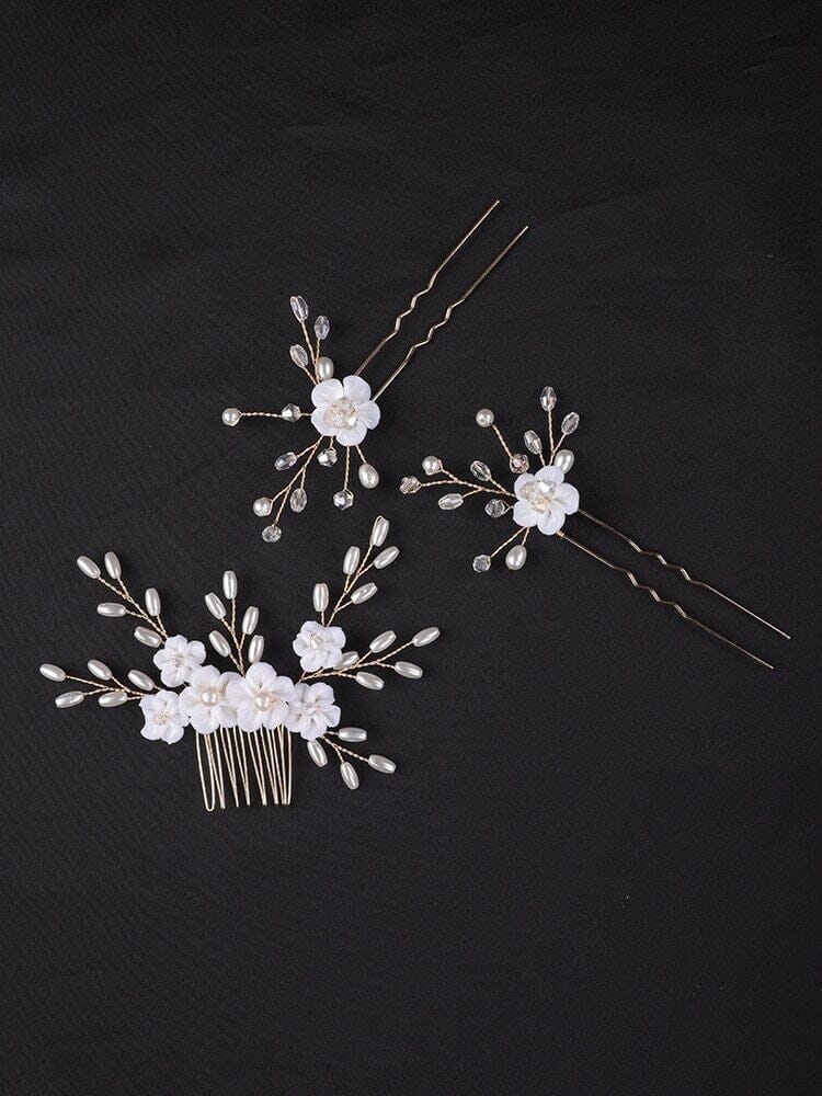 White Porcelain Flower 3 PC Hairpiece Set, Wedding Floral Bridesmaid Hairpins, Bridal Pearl Hair Comb and Hairpins Set - KaleaBoutique.com