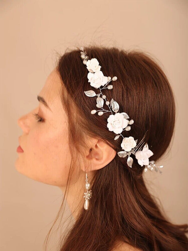 White Roses Bridal Dual Hair Comb, Floral Wedding Headband Hair Vine, Ceramic Clay Flower Head Wreath - KaleaBoutique.com