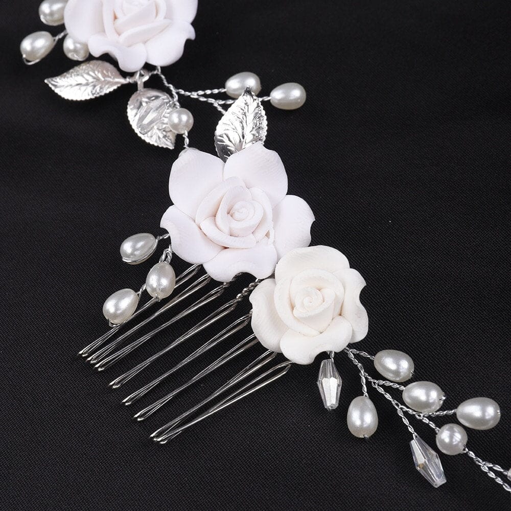 White Roses Bridal Dual Hair Comb, Floral Wedding Headband Hair Vine, Ceramic Clay Flower Head Wreath - KaleaBoutique.com