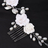 White Roses Bridal Dual Hair Comb, Floral Wedding Headband Hair Vine, Ceramic Clay Flower Head Wreath - KaleaBoutique.com