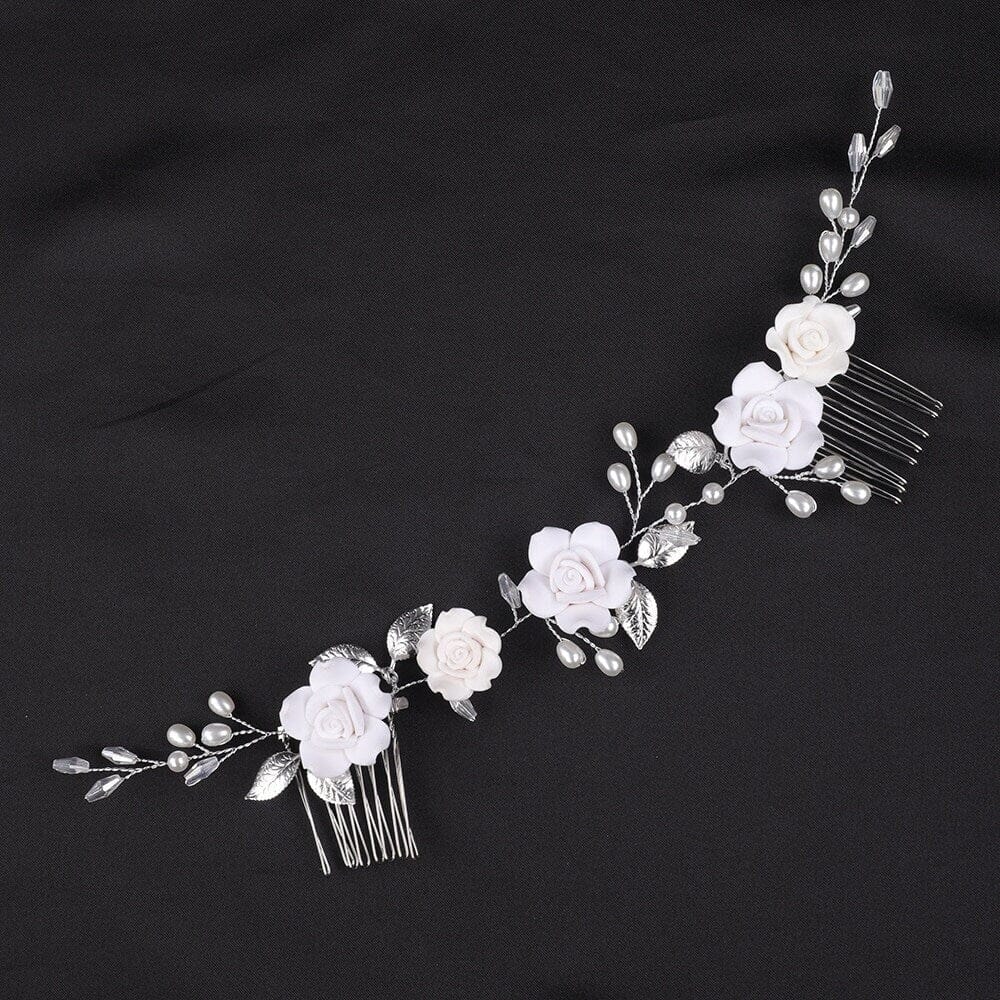 White Roses Bridal Dual Hair Comb, Floral Wedding Headband Hair Vine, Ceramic Clay Flower Head Wreath - KaleaBoutique.com