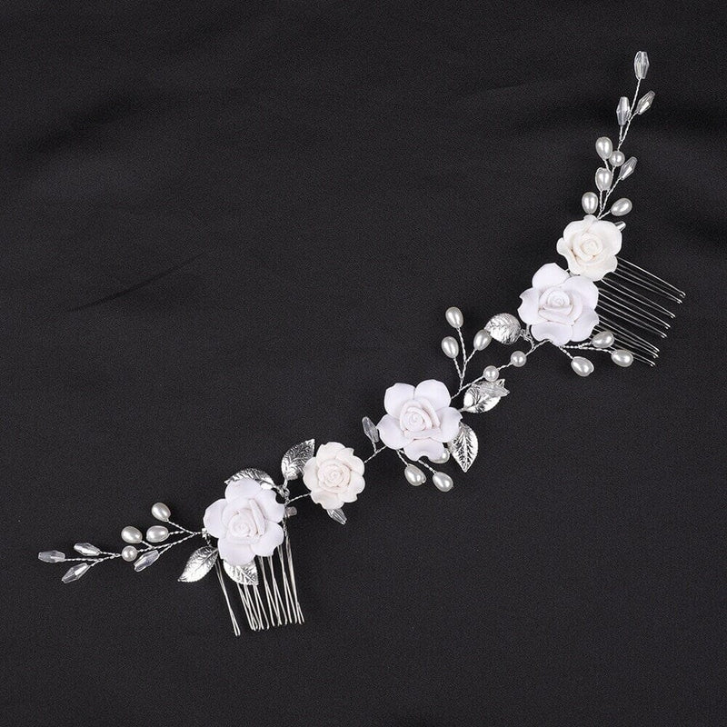 White Roses Bridal Hair Vine with Dual Hair Combs, Floral Wedding Headband, Ceramic Clay Flower Wire Hair Wreath, Bridal Flower Hairpiece - KaleaBoutique.com