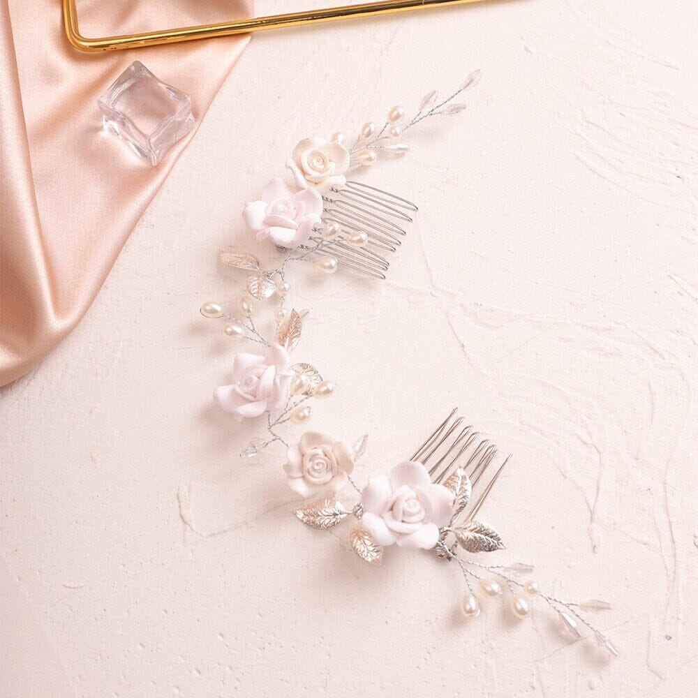 White Roses Bridal Dual Hair Comb, Floral Wedding Headband Hair Vine, Ceramic Clay Flower Head Wreath - KaleaBoutique.com
