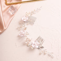 White Roses Bridal Dual Hair Comb, Floral Wedding Headband Hair Vine, Ceramic Clay Flower Head Wreath - KaleaBoutique.com
