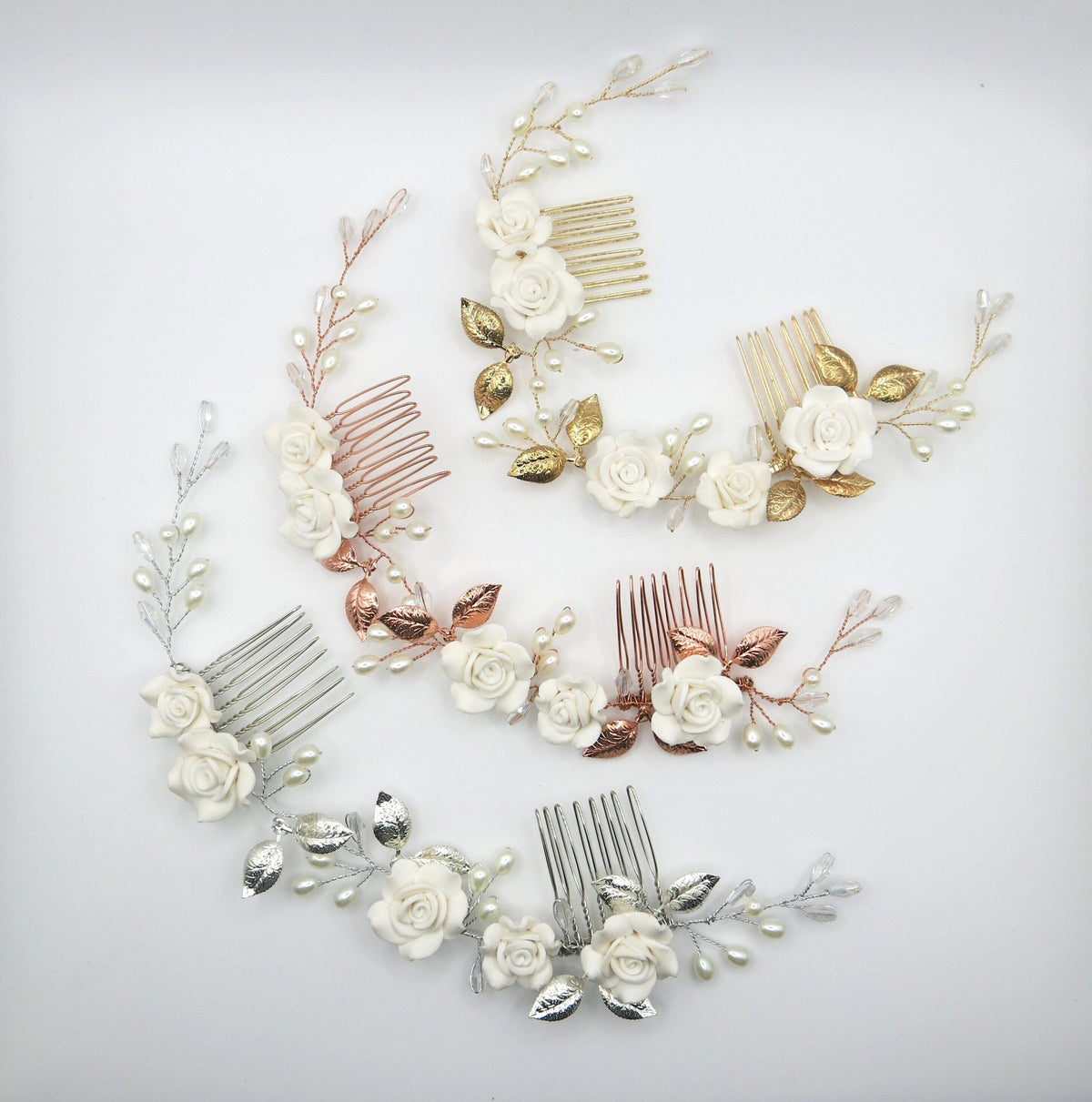 White Roses Bridal Dual Hair Comb, Floral Wedding Headband Hair Vine, Ceramic Clay Flower Head Wreath - KaleaBoutique.com