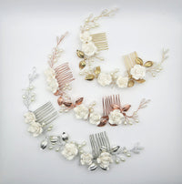 White Roses Bridal Dual Hair Comb, Floral Wedding Headband Hair Vine, Ceramic Clay Flower Head Wreath - KaleaBoutique.com