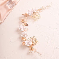 White Roses Bridal Dual Hair Comb, Floral Wedding Headband Hair Vine, Ceramic Clay Flower Head Wreath - KaleaBoutique.com