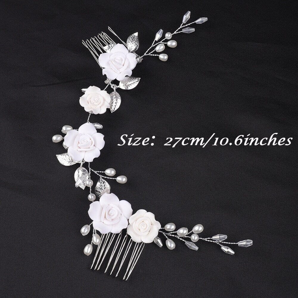 White Roses Bridal Dual Hair Comb, Floral Wedding Headband Hair Vine, Ceramic Clay Flower Head Wreath - KaleaBoutique.com