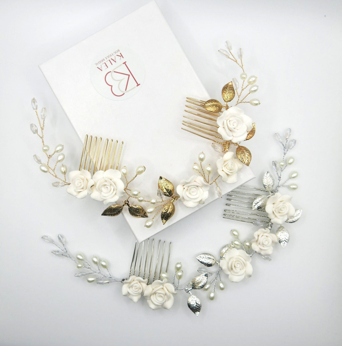 White Roses Bridal Dual Hair Comb, Floral Wedding Headband Hair Vine, Ceramic Clay Flower Head Wreath - KaleaBoutique.com