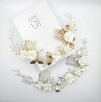White Roses Bridal Dual Hair Comb, Floral Wedding Headband Hair Vine, Ceramic Clay Flower Head Wreath - KaleaBoutique.com