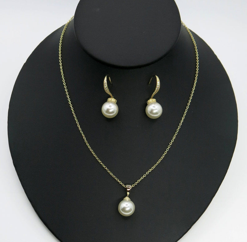 White Pearl Necklace and Earrings Set, Wedding 3 PC Jewelry Set, Bridal or Bridesmaid Earrings and Pearl Pendant Chain Necklace - KaleaBoutique.com