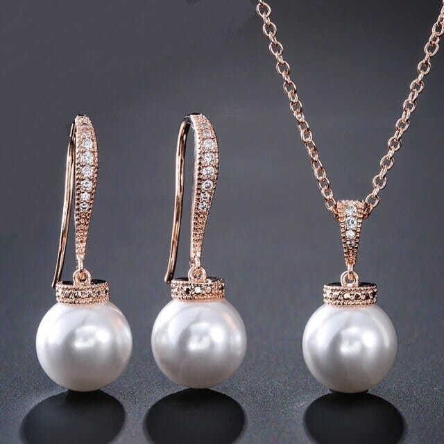 White Pearl Necklace and Earrings Set, Wedding 3 PC Jewelry Set, Bridal or Bridesmaid Earrings and Pearl Pendant Chain Necklace - KaleaBoutique.com