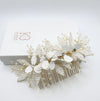 White Silk Flower Beaded Leaf Hairpiece, Pearl Bridal Hair Comb, Wedding Crystal Headpiece Hair Comb, Floral Gold Wire Hair Accessory - KaleaBoutique.com