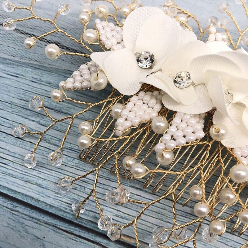 White Silk Flower Hair Comb, Beaded Leaf Bridal Hairpiece, Pearl Bridal Wedding Hair Comb - KaleaBoutique.com