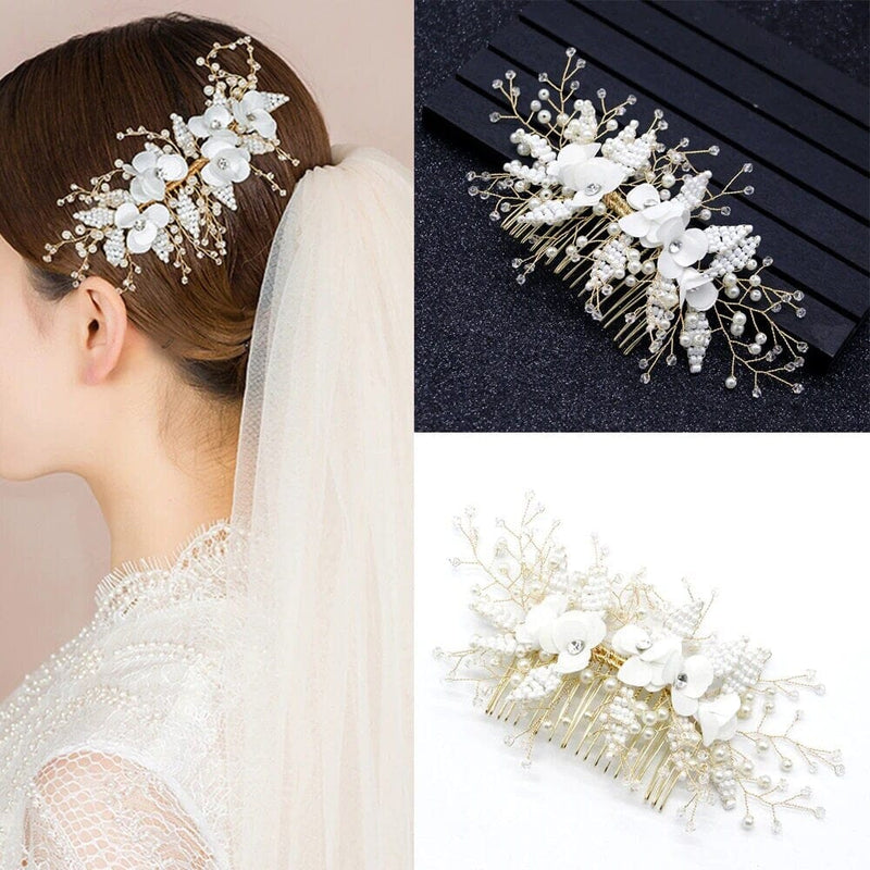 White Silk Flower Hair Comb, Beaded Leaf Bridal Hairpiece, Pearl Bridal Wedding Hair Comb - KaleaBoutique.com