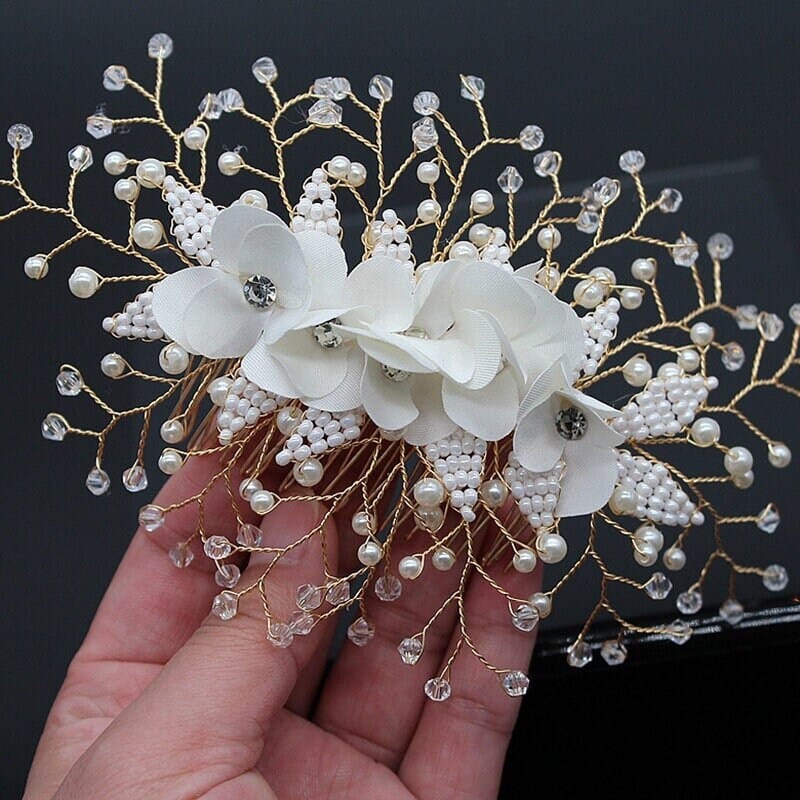 White Silk Flower Beaded Leaf Hairpiece, Pearl Bridal Hair Comb, Wedding Crystal Headpiece Hair Comb, Floral Gold Wire Hair Accessory - KaleaBoutique.com