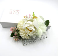 Silk Flower Bouquet Hair Comb, Wedding Romantic Floral Hairdo Headpiece, Bridal White Rose Hairpiece, Bridesmaid Silk Flower Hairpin - KaleaBoutique.com