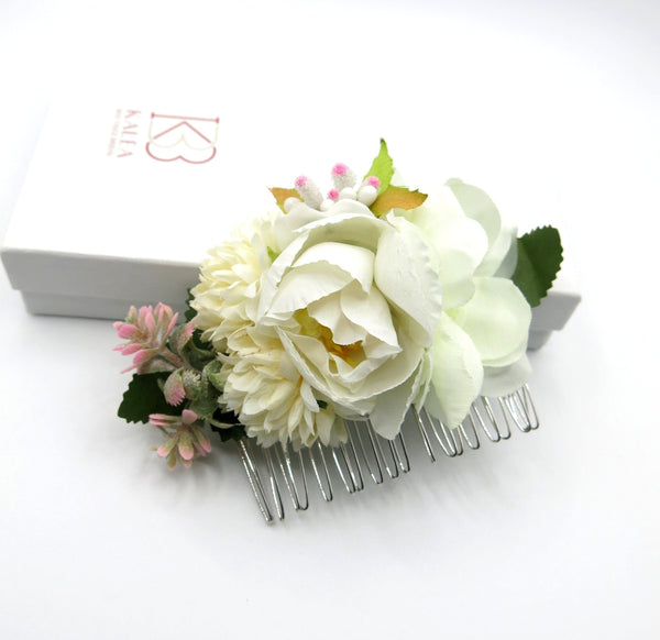 Silk Flower Bouquet Hair Comb, Wedding Romantic Floral Hairdo Headpiece, Bridal White Rose Hairpiece, Bridesmaid Silk Flower Hairpin - KaleaBoutique.com