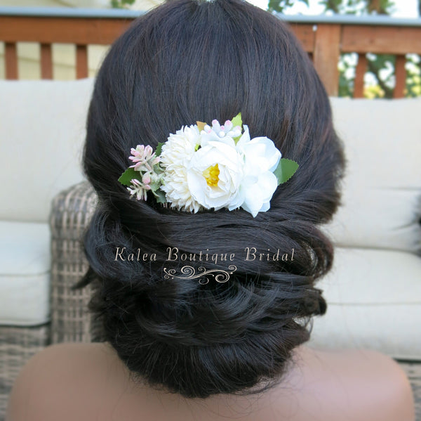 Silk Flower Bouquet Hair Comb, Wedding Romantic Floral Hairdo Headpiece, Bridal White Rose Hairpiece, Bridesmaid Silk Flower Hairpin - KaleaBoutique.com